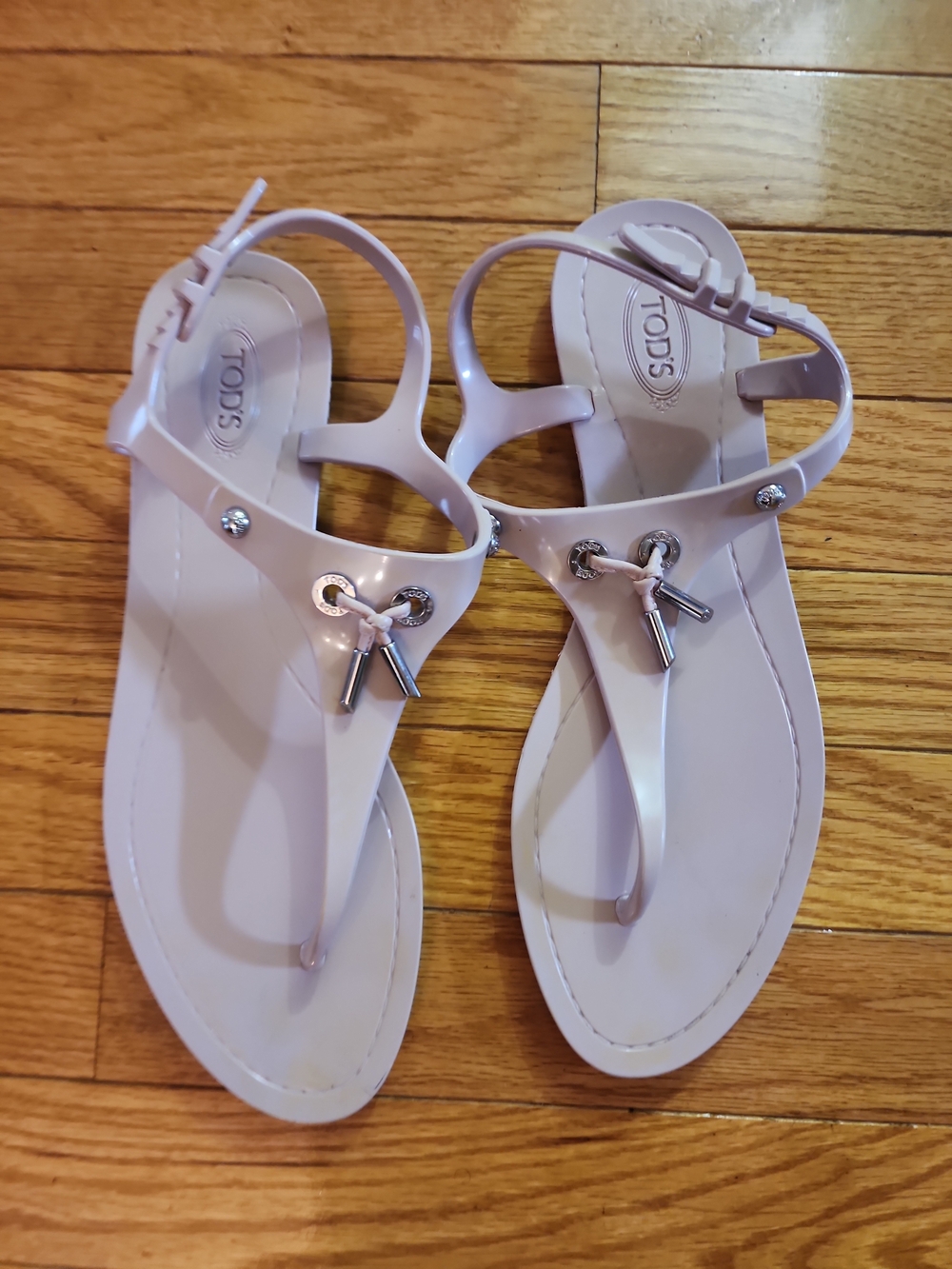 TOD'S Nude Color Jelly T-Strap  Slingback Sandals with Silver Hardware